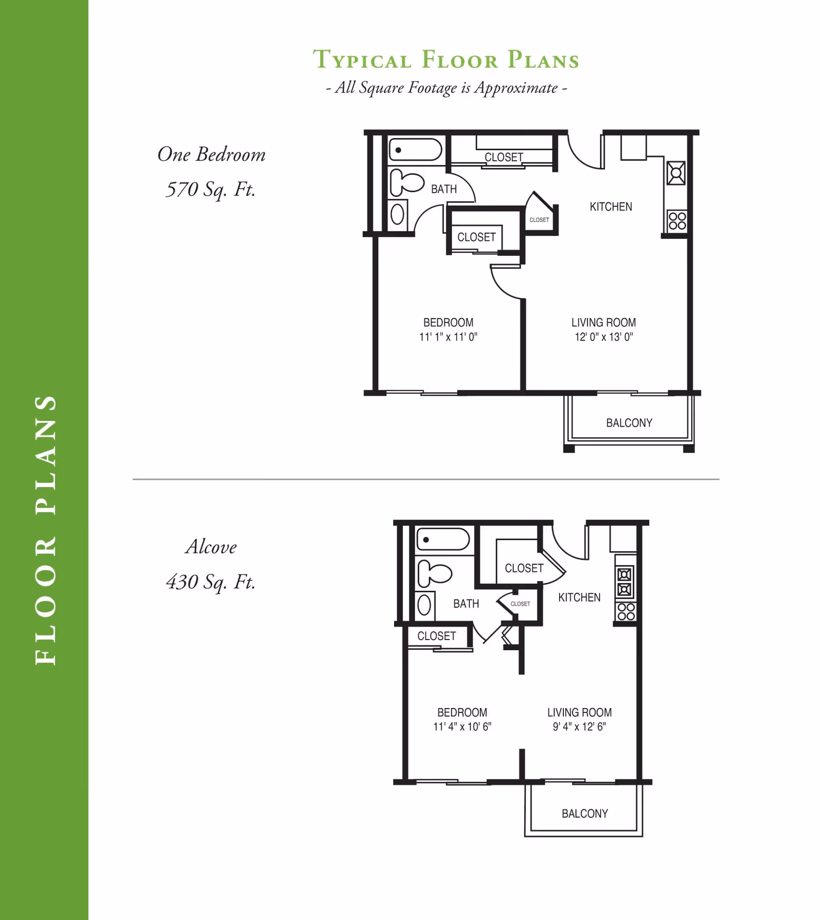 Floor plans for Chesterfield Villas showing two typical layouts: One Bedroom with 570 square feet including a bedroom, bath, kitchen, living room, closets, and balcony; and Alcove with 430 square feet including a bedroom, bath, kitchen, living room, closets, and balcony.