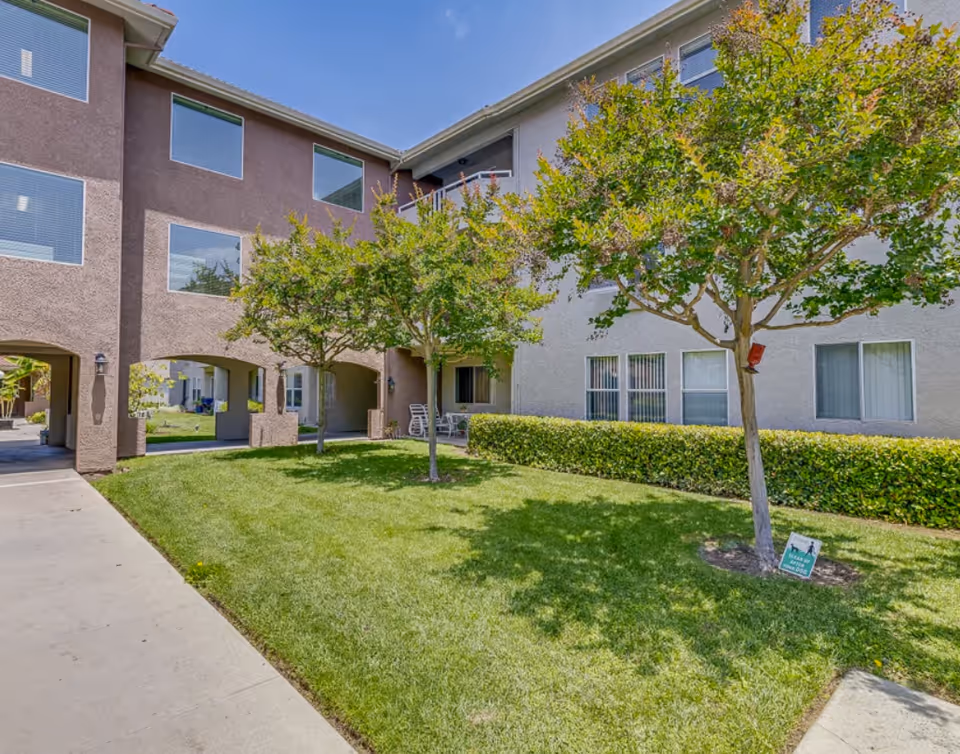 Exterior courtyard of a three-story stucco senior living building with a lawn, trees, windows, and covered walkways.