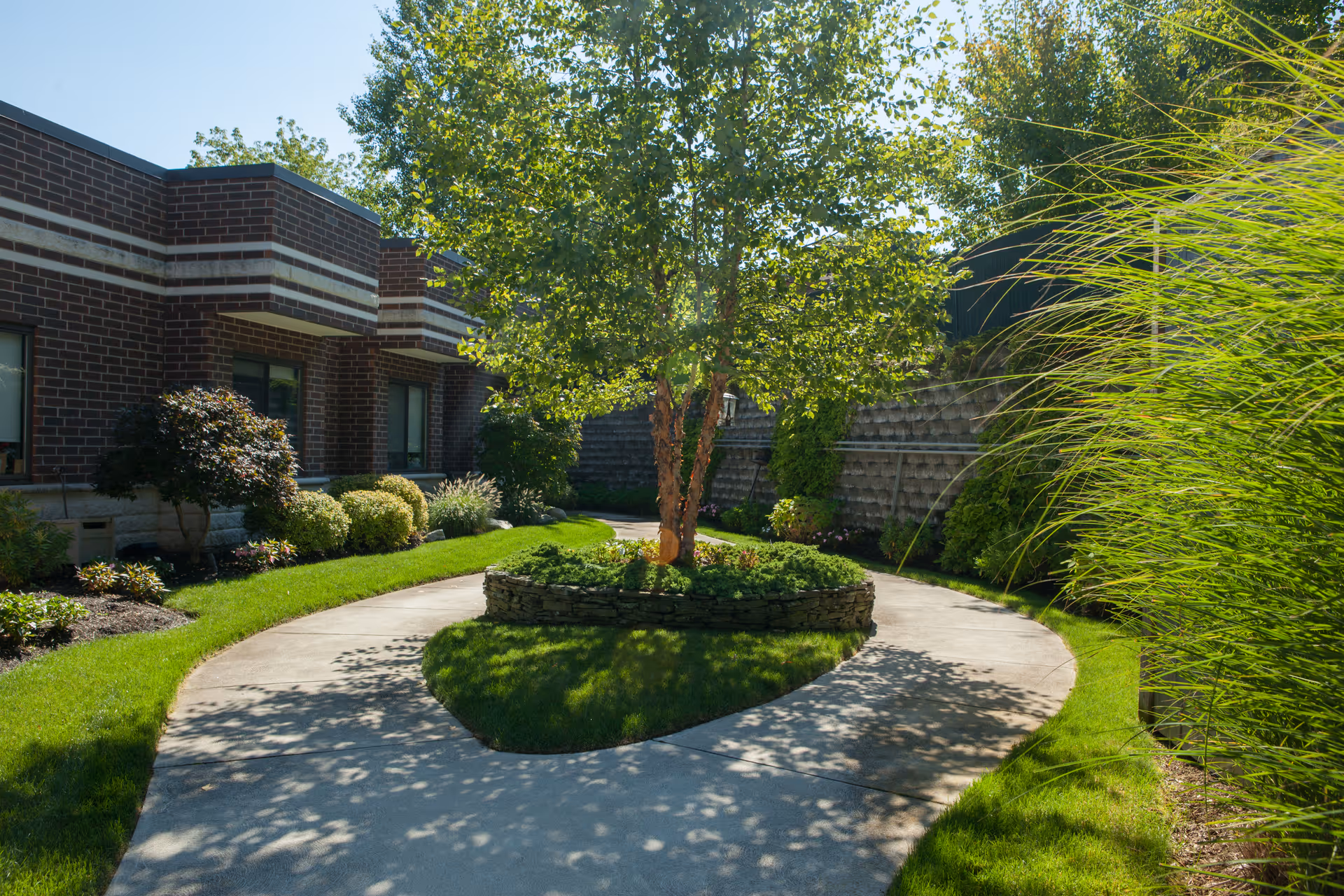 A curved concrete pathway surrounds a circular raised garden bed with a tree in the center, bordered by well-maintained green grass and various shrubs. The pathway is adjacent to a brick building with windows, and there is a wooden fence and more greenery in the background under a clear blue sky.