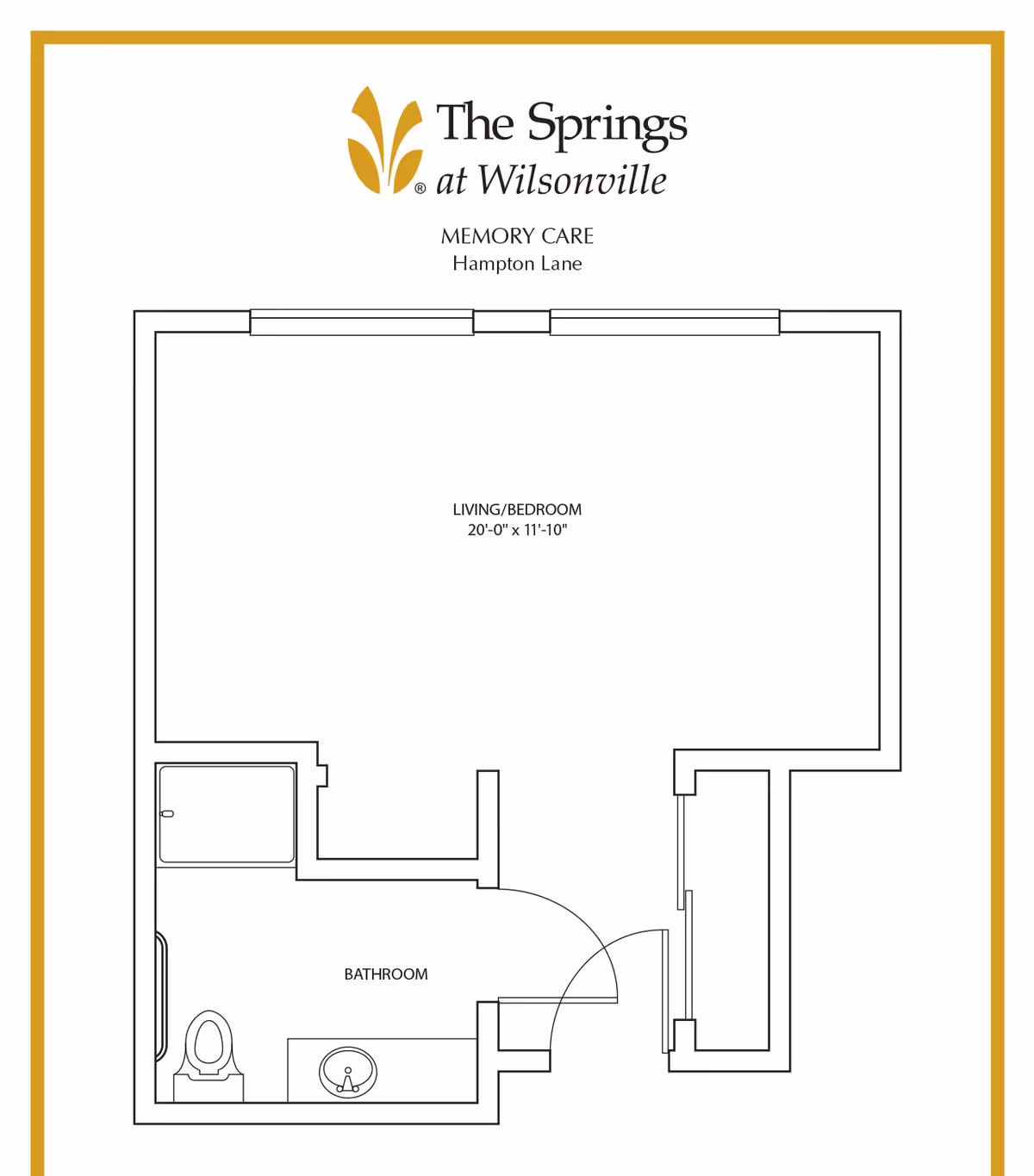 Floor plan of a memory care studio showing a combined living/bedroom and adjacent bathroom with The Springs at Wilsonville logo.