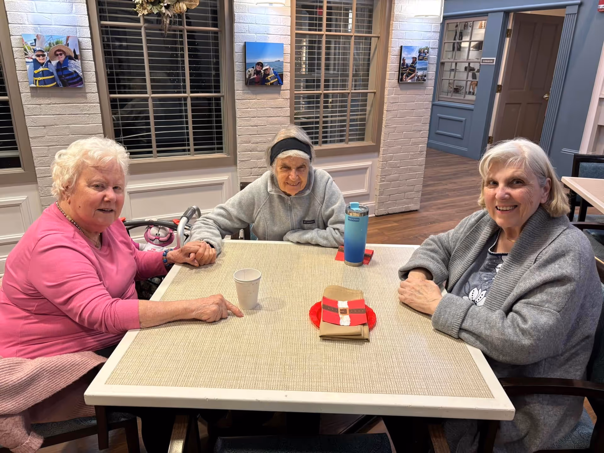 Three elderly women sitting around a table in a well-lit room with white brick walls and large windows. Two of the women are holding hands across the table, and there are cups and a napkin holder on the table. The room has wooden floors and framed photos on the walls.