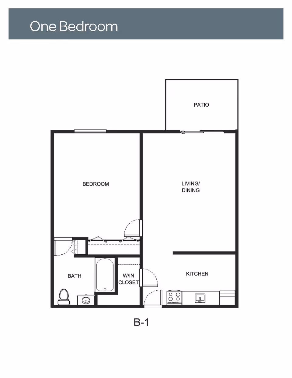 Floor plan layout of a one-bedroom apartment at Lake Ridge Village, showing a bedroom, bathroom, walk-in closet, kitchen, living/dining area, and a patio.