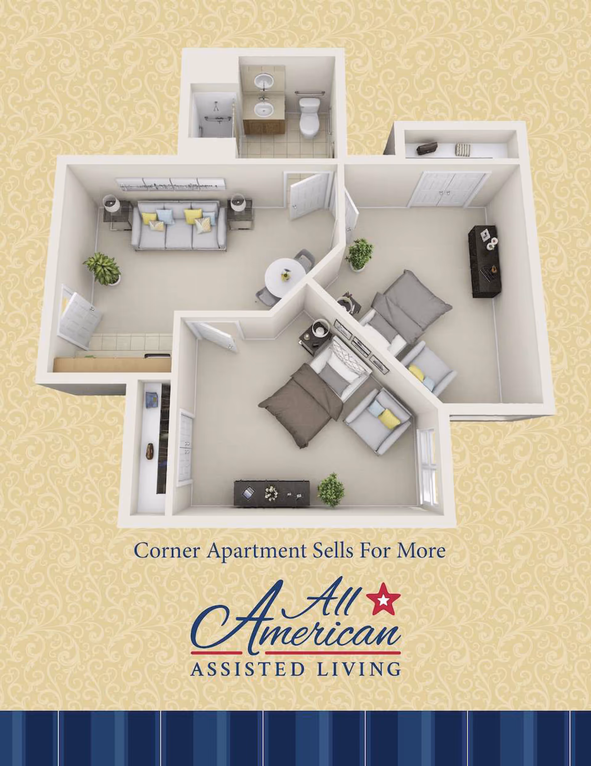 3D floor plan of a corner apartment featuring a living room with a sofa and side tables, a bathroom with a sink, toilet, and shower, and two bedrooms each furnished with beds, chairs, and dressers. The layout is shown on a patterned background with the text 'Corner Apartment Sells For More' and the All American Assisted Living logo below.