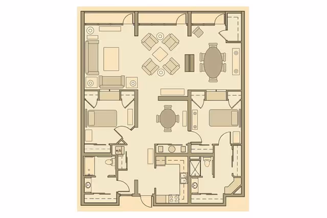 Floor plan of a residential unit showing two bedrooms, two bathrooms, a kitchen, a living room with seating, and two dining areas.