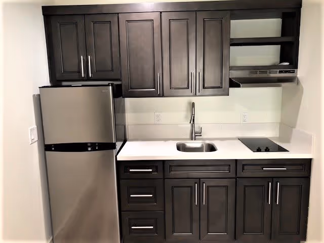 Compact kitchen area with dark wood cabinets, a stainless steel refrigerator, a small sink, and a two-burner electric cooktop. The countertop is white, and there is a range hood above the cooktop.