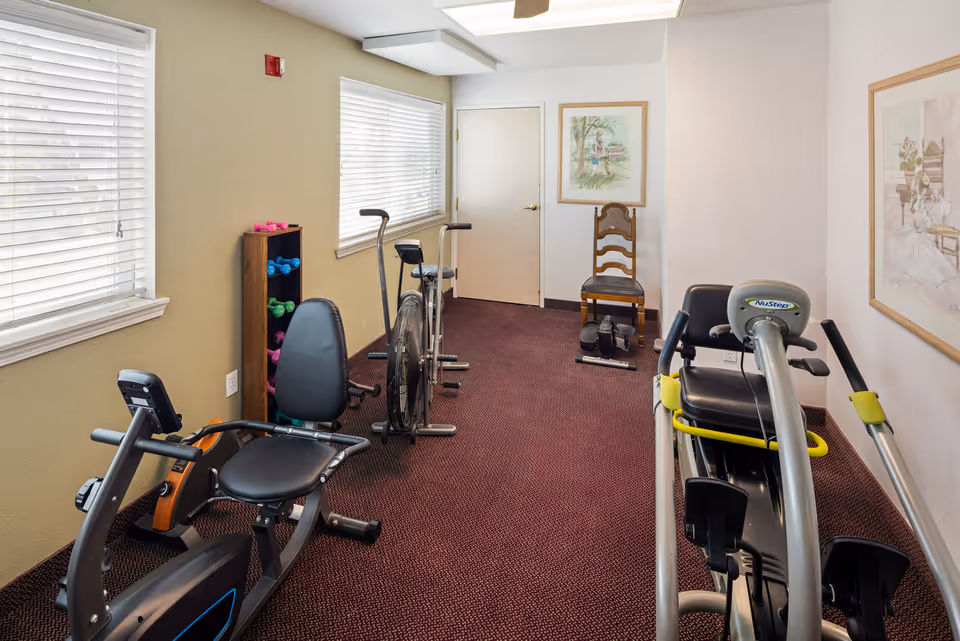 A small exercise room with various fitness equipment including a recumbent bike, a stationary bike, and a NuStep machine. There is a rack of colorful dumbbells against the wall, two windows with white blinds, a wooden chair, and framed artwork on the walls. The floor is carpeted in a dark red color.