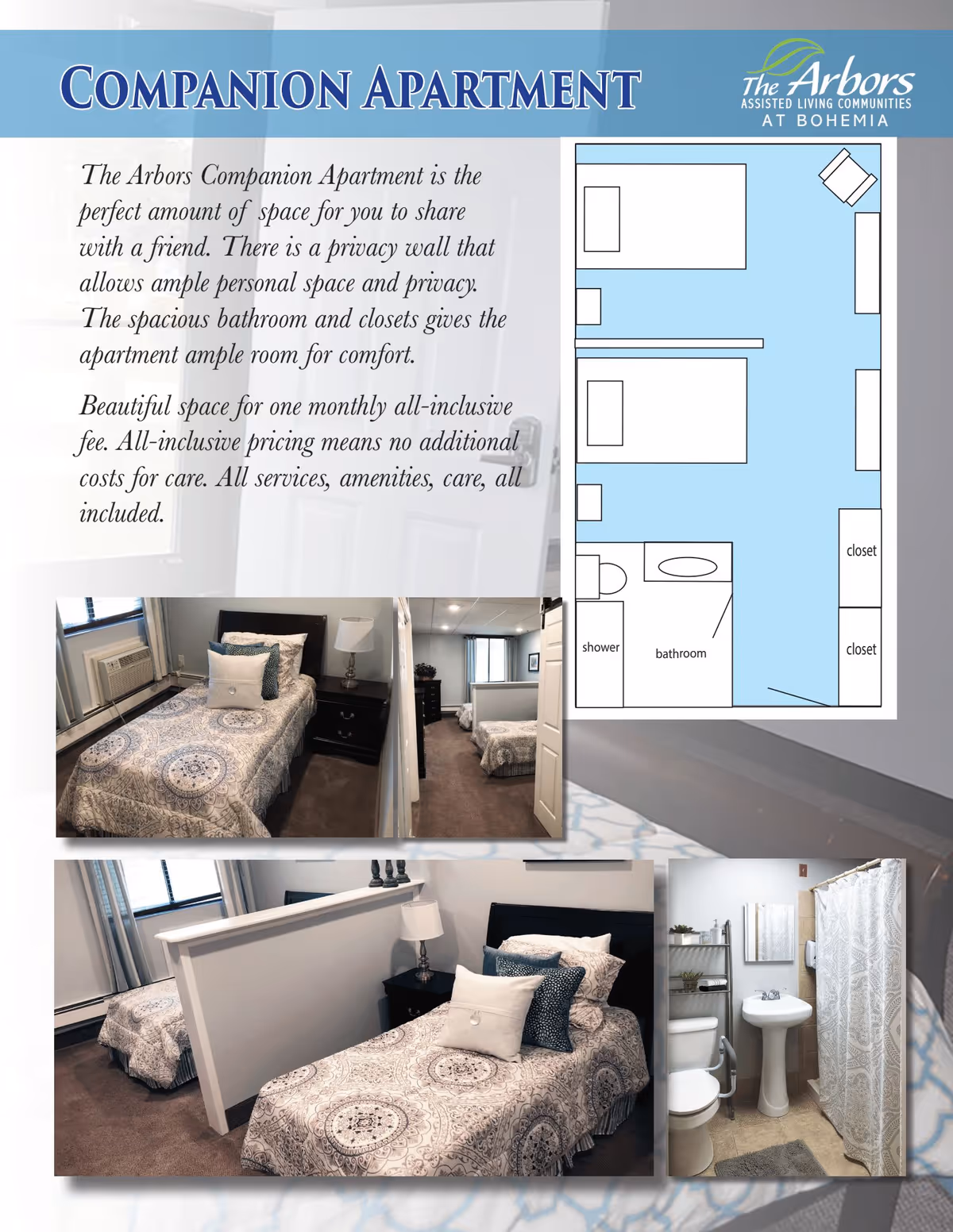 Brochure for The Arbors Companion Apartment showing a floor plan with two beds separated by a privacy wall, a bathroom with shower, and closets. Photos include two single beds with patterned bedspreads separated by a privacy wall, bedside tables with lamps, and a bathroom with a toilet, pedestal sink, and shower with curtain.