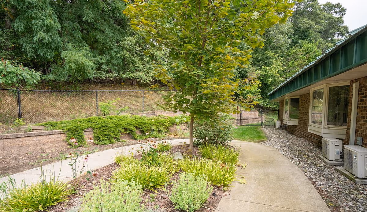 A landscaped outdoor pathway at Valley Pines Senior Living with a concrete walkway curving around a garden bed filled with various plants and a small tree. The pathway is adjacent to a brick building with windows and air conditioning units, and there is a chain-link fence with dense green trees and shrubs in the background.