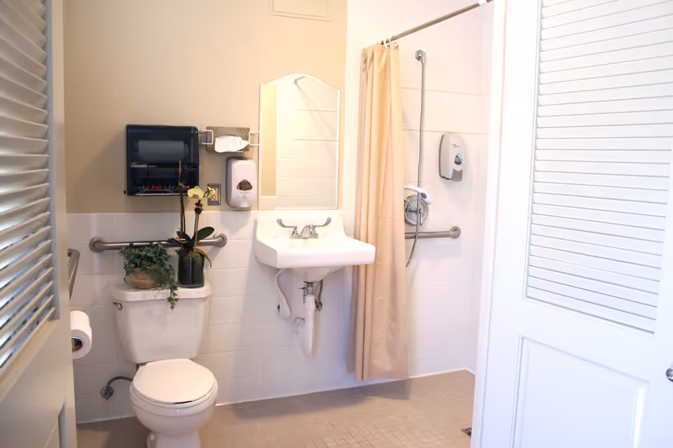 A clean and accessible bathroom with a white toilet, a white sink with exposed plumbing, a mirror above the sink, a beige shower curtain, and grab bars on the walls. There are two potted plants placed on the toilet tank, a paper towel dispenser, and a soap dispenser mounted on the wall.
