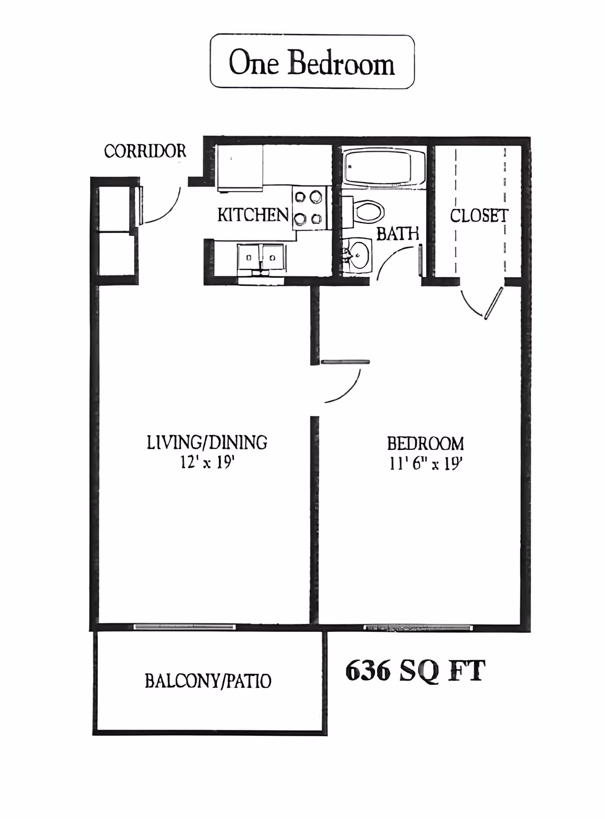 Floor plan of a one-bedroom apartment featuring a kitchen, bathroom, closet, living/dining area, bedroom, and a balcony/patio. The living/dining area measures 12 by 19 feet, and the bedroom measures 11 feet 6 inches by 19 feet. The total area is 636 square feet.