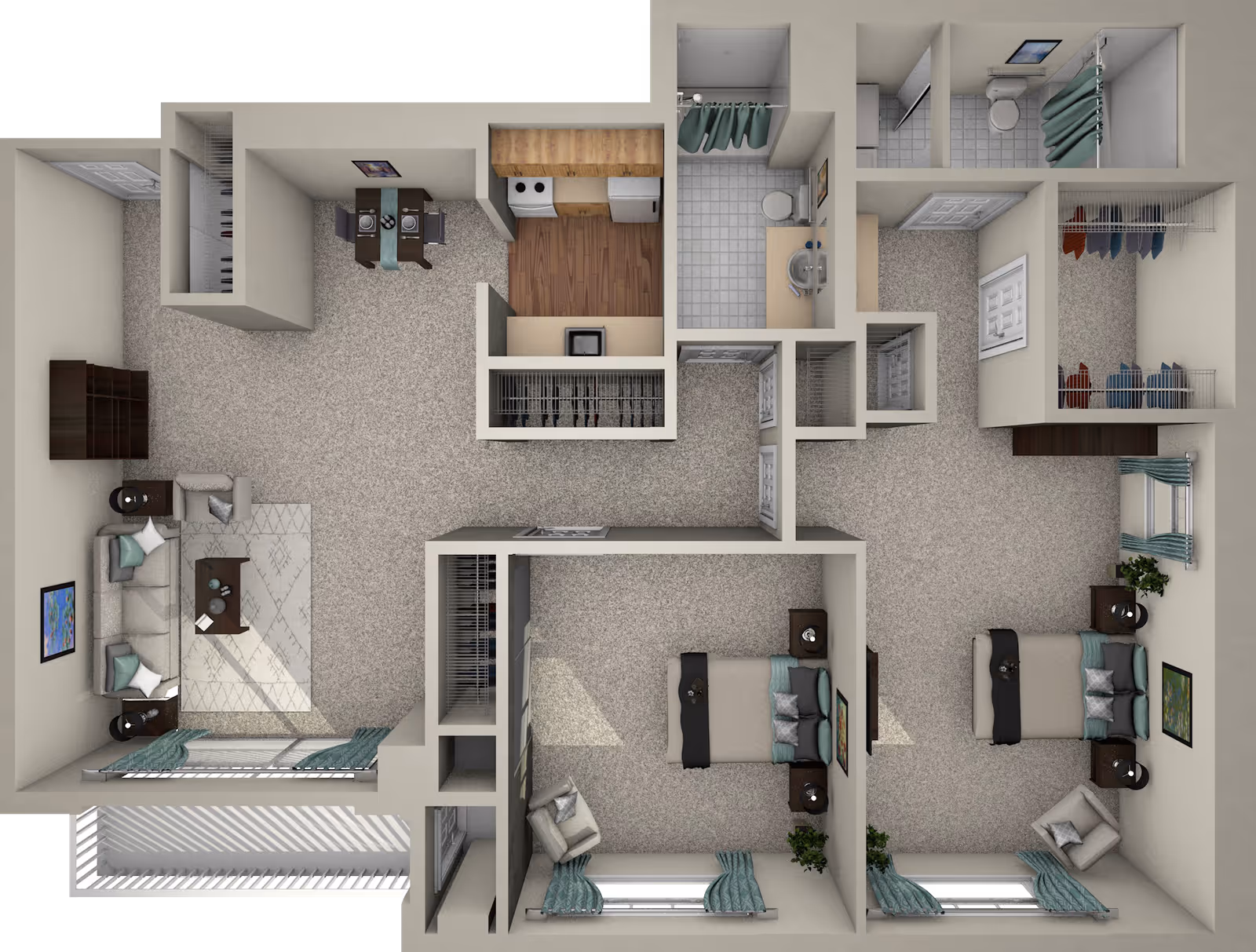 Top-down 3D floor plan of a two-bedroom apartment showing a living room, dining area, kitchen, closets and two bathrooms.