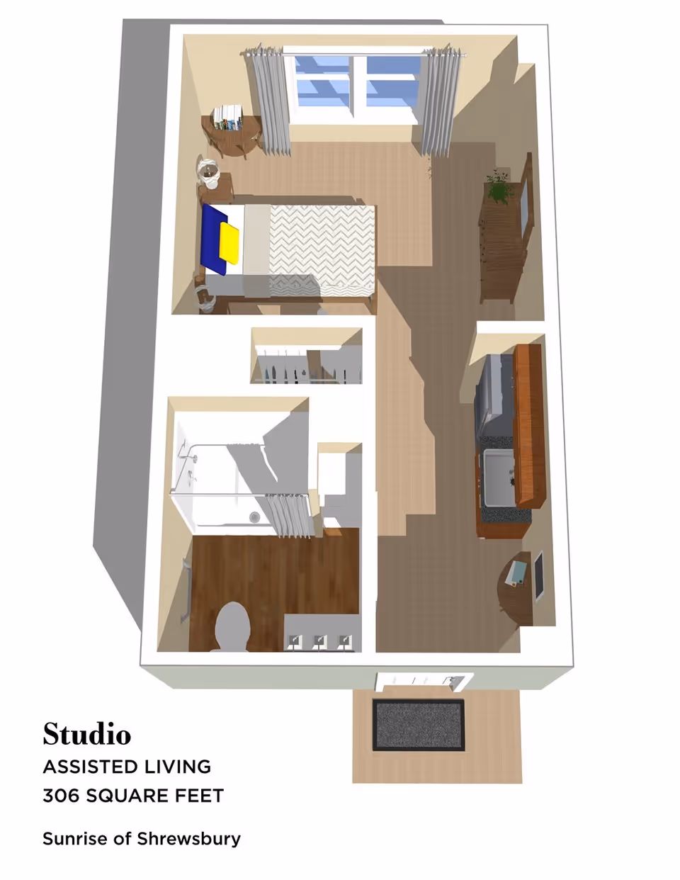 3D floor plan of a studio assisted living apartment at Sunrise of Shrewsbury, showing a combined living and sleeping area with a bed, nightstand, small table with books, dresser with a plant, kitchenette with sink and cabinets, and a separate bathroom with shower, toilet, and sink. The total area is 306 square feet.