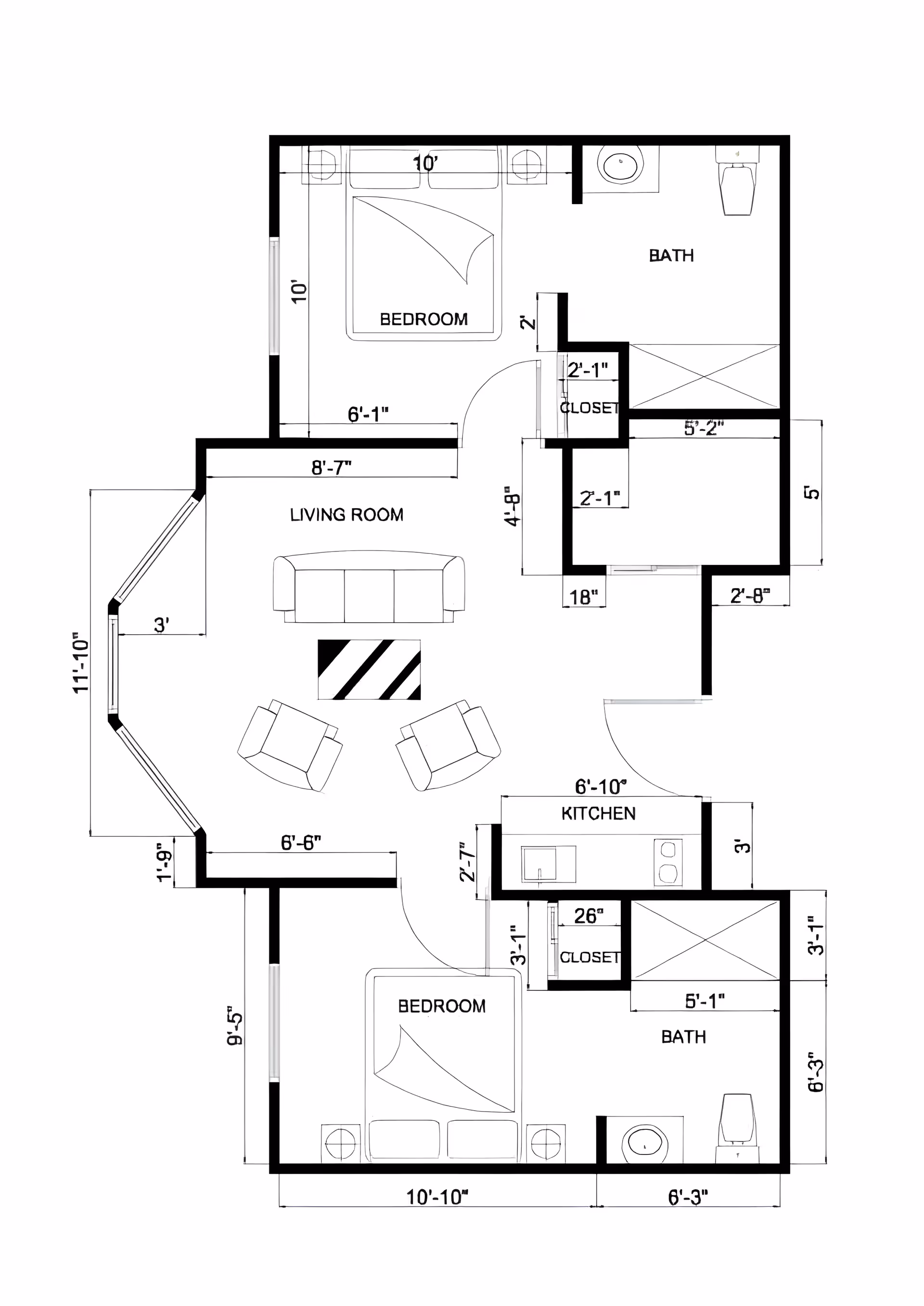 Architectural floor plan showing a two-bedroom apartment layout with two bathrooms, a living room, and a kitchen. The plan includes measurements for each room and placement of furniture such as beds, sofas, chairs, and bathroom fixtures.