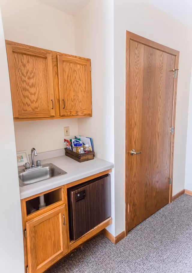 Small kitchenette area with wooden cabinets, a stainless steel sink, a mini refrigerator, and a wooden door next to it. The countertop has a small tray holding various items including a box of tissues and some condiments. The floor is carpeted and the walls are painted white.
