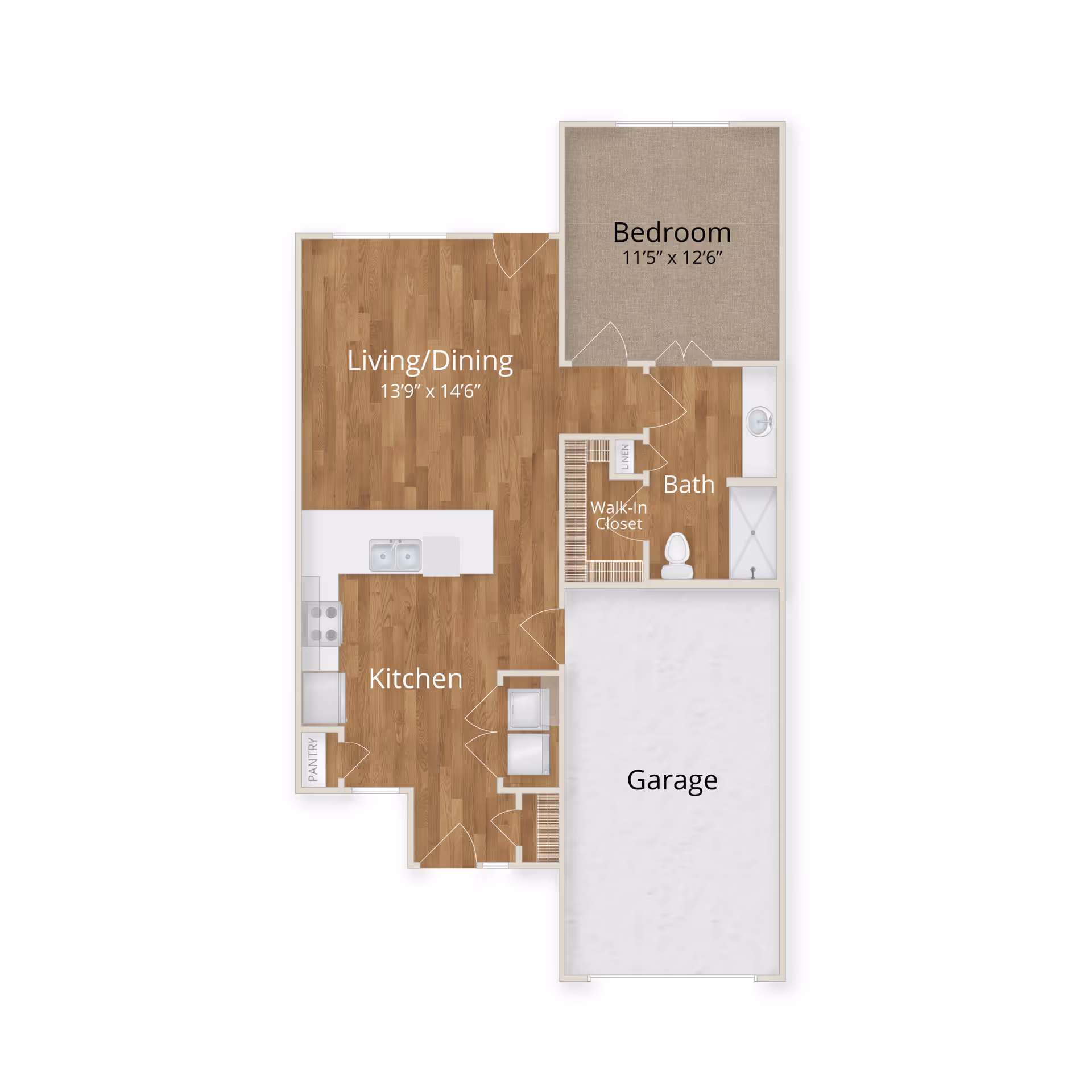 Floor plan of a living space showing a bedroom, bathroom with walk-in closet, kitchen with pantry, living/dining area, and a garage.