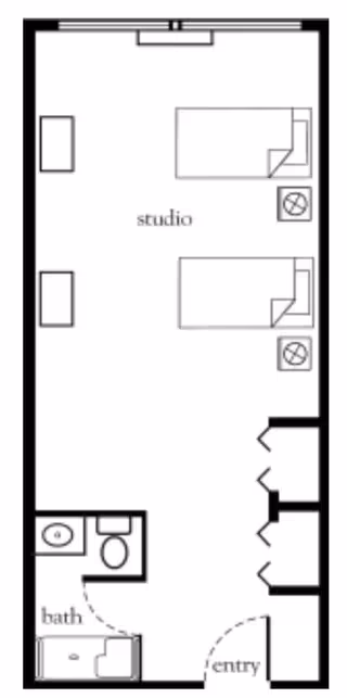Floor plan of a studio apartment with two beds, two nightstands, a bathroom with a sink, toilet, and bathtub, and an entry area with closets.