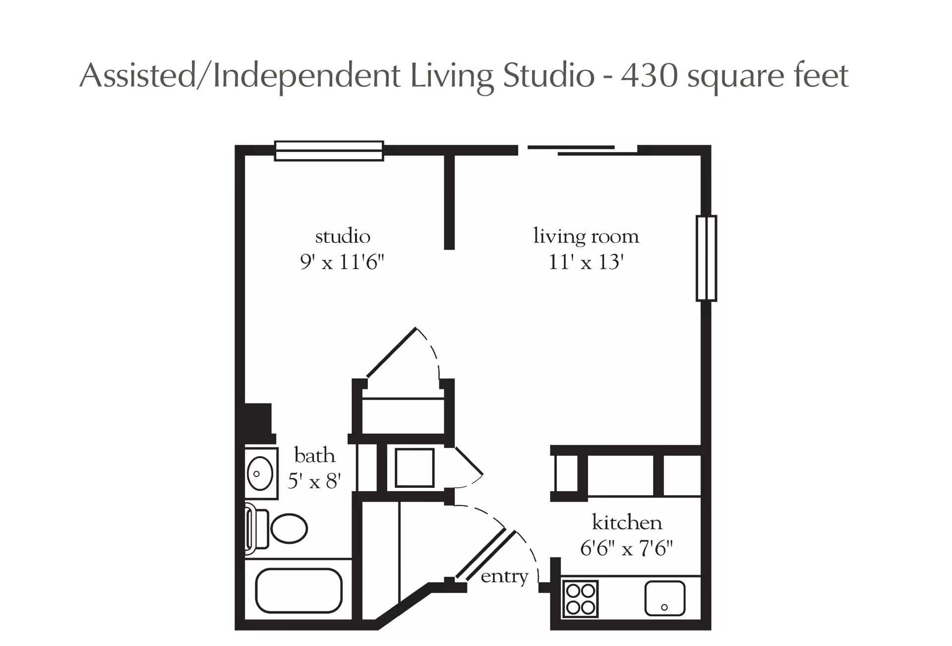 Floor plan of an assisted/independent living studio apartment measuring 430 square feet, showing a studio area (9 feet by 11 feet 6 inches), a living room (11 feet by 13 feet), a kitchen (6 feet 6 inches by 7 feet 6 inches), a bathroom (5 feet by 8 feet), and an entry area.