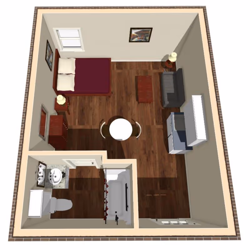 Top-down view of a studio apartment layout featuring a bed with two pillows, a nightstand with a lamp, a small dining table with two chairs, a couch with a coffee table, a kitchenette with cabinets and appliances, and a bathroom with a sink, toilet, and bathtub.