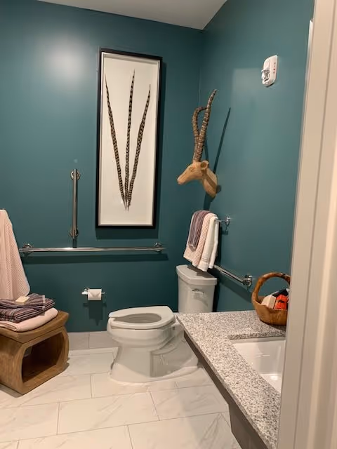 A bathroom with teal walls featuring a white toilet, a granite countertop with a sink, and a wooden stool with folded towels. There is a framed artwork with long feathers on the wall above the toilet and a decorative antelope head mounted on the wall. Towels hang on metal grab bars next to the toilet.