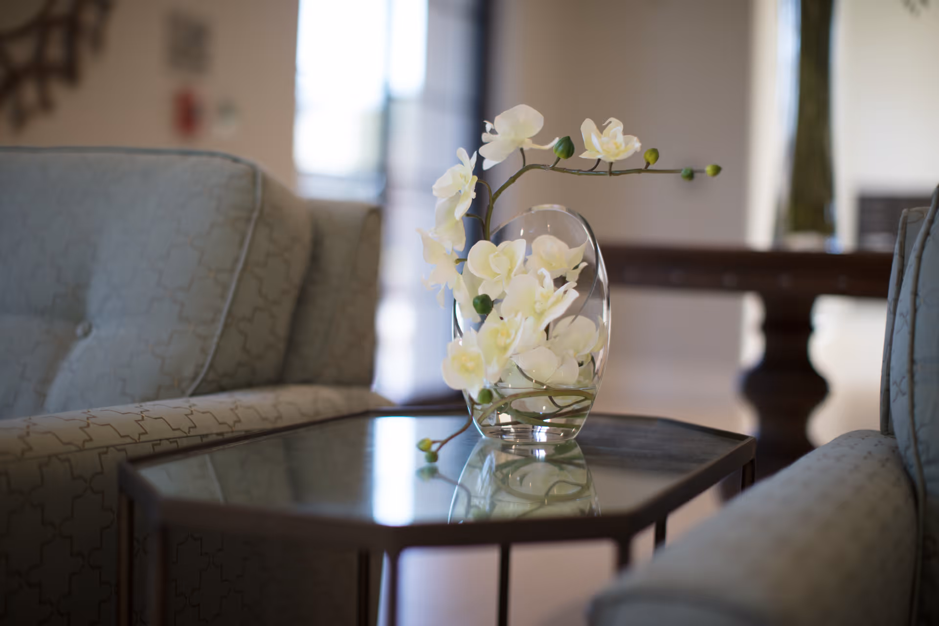 A close-up view of a glass vase with white orchids placed on a glass-top side table between two light blue upholstered armchairs in a softly lit room.