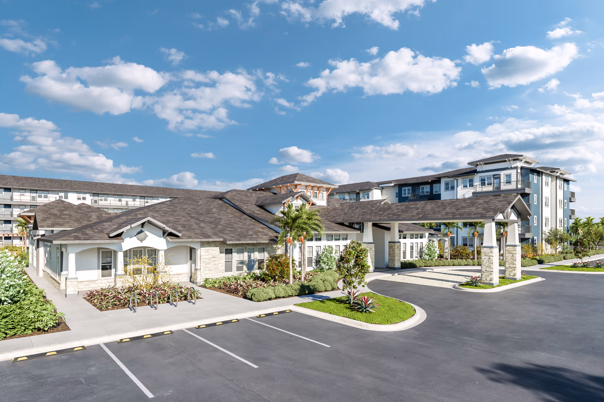 Exterior view of Solea Wellen Park senior living facility showing a large building with multiple floors, a covered entrance, landscaped greenery, palm trees, and a clear blue sky with scattered clouds.