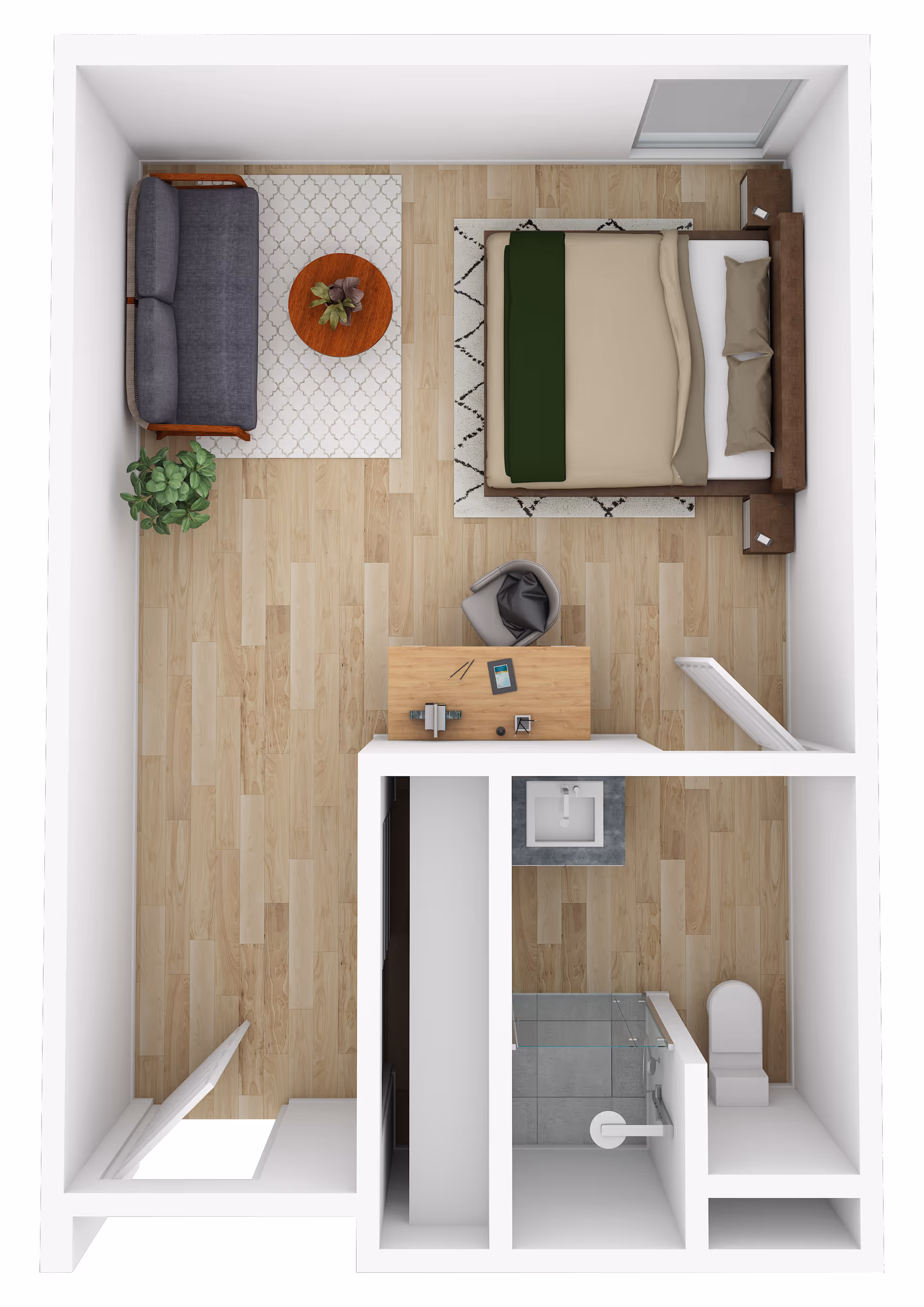 Top-down view of a small apartment layout featuring a bedroom with a bed, two nightstands, a desk with a chair, a sofa on a rug with a round coffee table, a plant, and an adjacent bathroom with a sink, toilet, and shower.