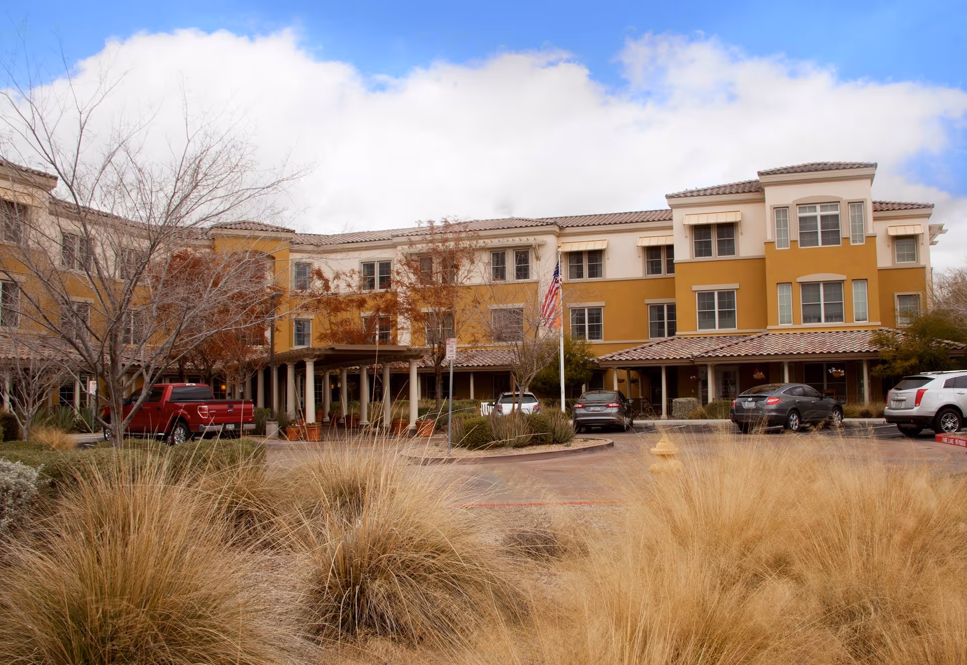 Exterior view of a multi-story senior living facility building with a tan and white facade, several windows, and a covered entrance. There are parked cars in front and dry ornamental grasses and leafless trees in the foreground under a partly cloudy sky.