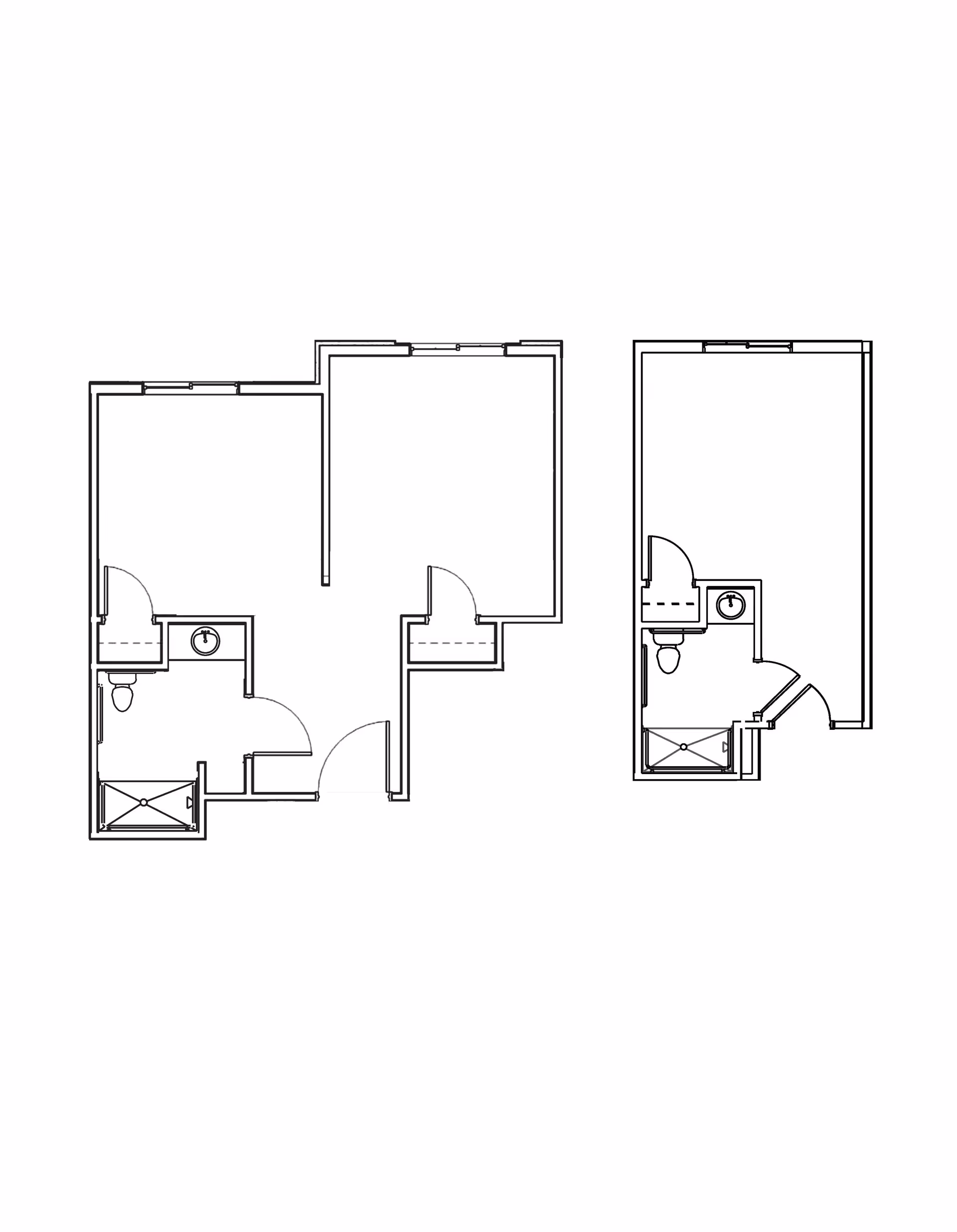 Architectural floor plan showing two separate apartment layouts, each including a bathroom with a toilet, sink, and shower area.