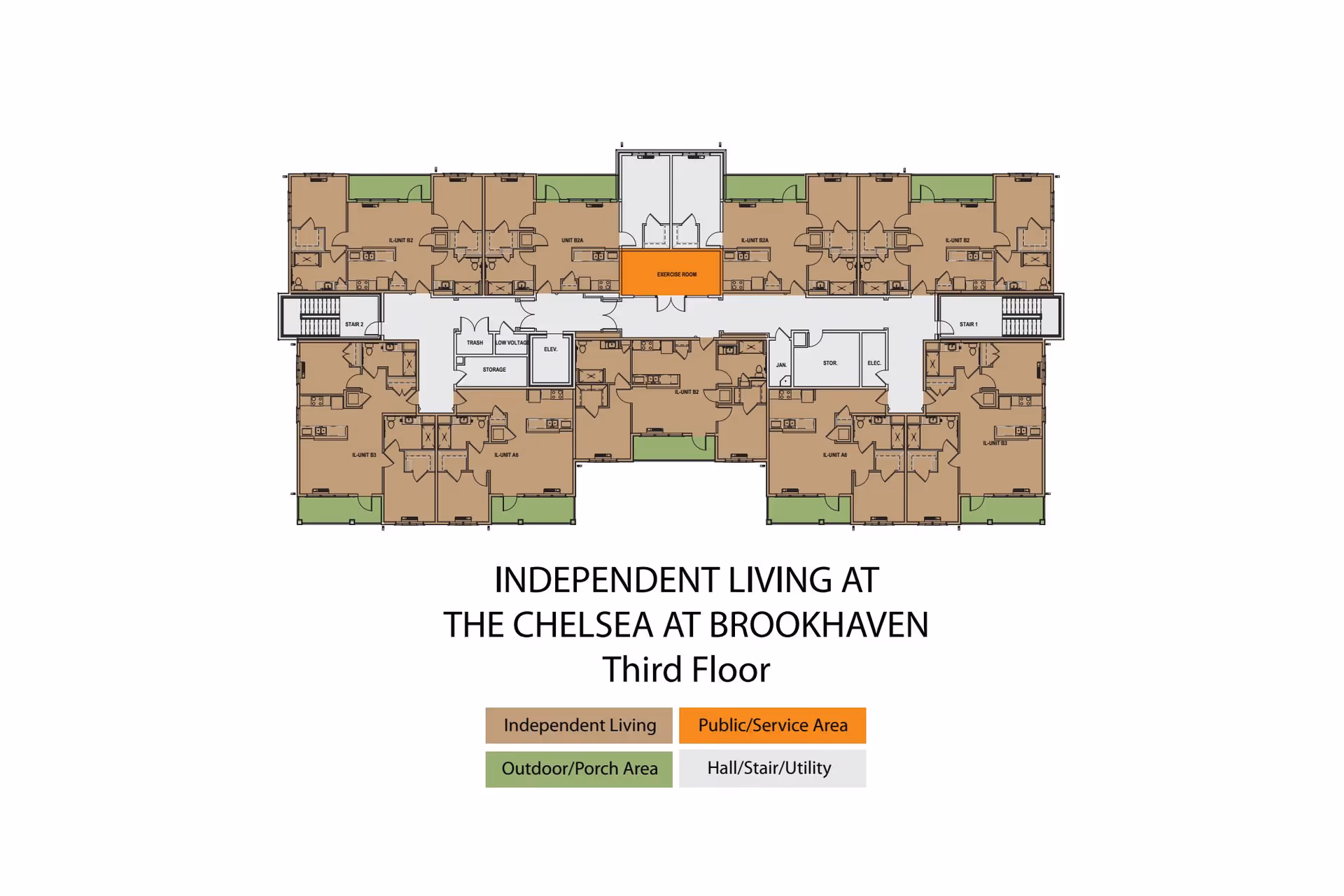 Floor plan of the third floor at The Chelsea at Brookhaven showing independent living units, public/service areas, outdoor/porch areas, and hall/stair/utility spaces. The layout includes multiple living units arranged along a central corridor with stairwells at both ends and an exercise room in the middle.
