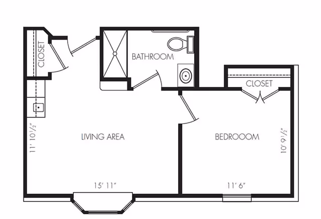 Architectural floor plan of a one-bedroom apartment unit showing a living area, bedroom, bathroom, and closets with dimensions labeled.