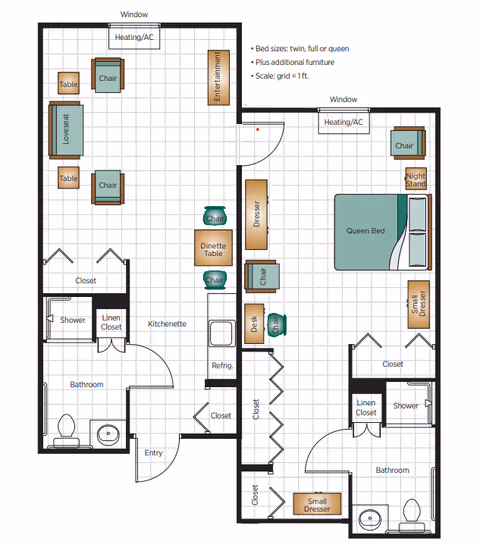 Floor plan of a senior living apartment at Belmont Village Senior Living Green Hills showing two bedrooms, two bathrooms, a kitchenette, living area with furniture, closets, and entryways. The layout includes labeled furniture such as queen bed, chairs, tables, dressers, and showers.