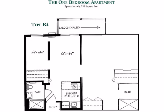 Floor plan of a one-bedroom apartment, approximately 958 square feet, labeled Type B4. The layout includes a balcony/patio, a kitchen measuring 6 feet by 8 feet, two bathrooms, an entry area, and living spaces with dimensions marked. The plan shows the arrangement of rooms and fixtures within the apartment.