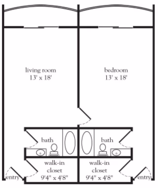 Architectural floor plan showing two adjacent units, each with a living room (13' x 18'), bedroom (13' x 18'), bath, walk-in closet (9'4" x 4'8"), and entry.