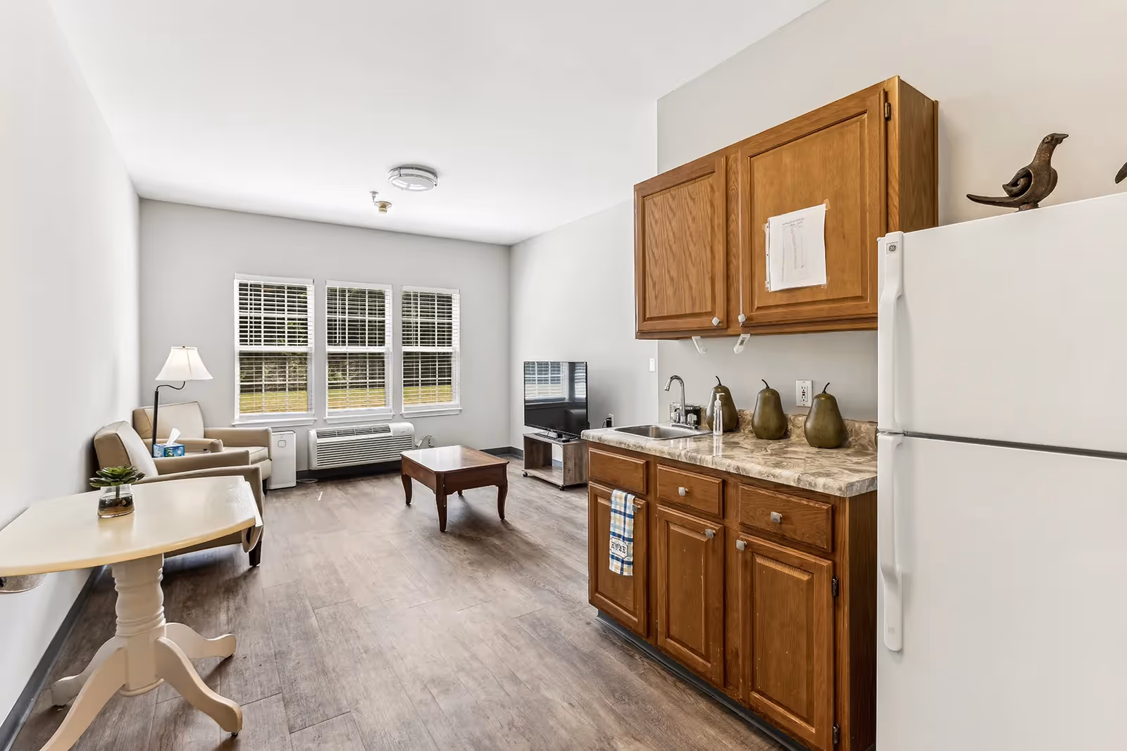 A bright room with a small kitchenette featuring wooden cabinets, a marble countertop, a sink, and a white refrigerator. The room also includes a sitting area with two beige armchairs, a floor lamp, a small wooden coffee table, a TV on a stand, and a table with a small plant. Three large windows with white blinds allow natural light to fill the space.