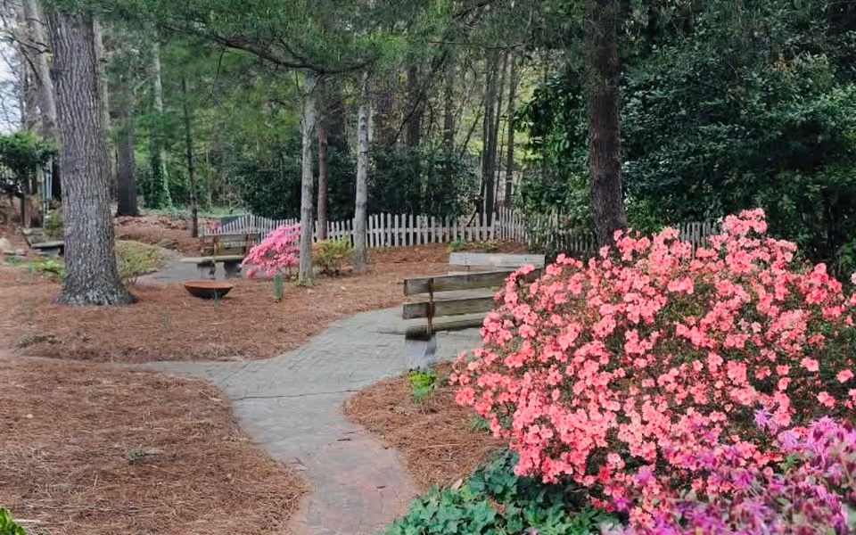 Curving paved garden path through a wooded courtyard with pink azalea bushes, benches, and a white picket fence.