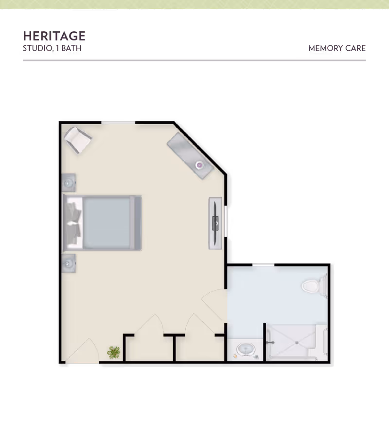 Studio 1-bath floor plan showing a combined bedroom/living area with a bed, seating, TV and an adjacent bathroom.