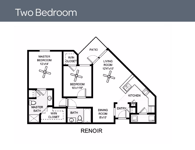 Black-and-white labeled floor plan titled 'Two Bedroom' for the Renoir layout showing two bedrooms, two bathrooms, a living room, dining area, kitchen, closets and a patio.