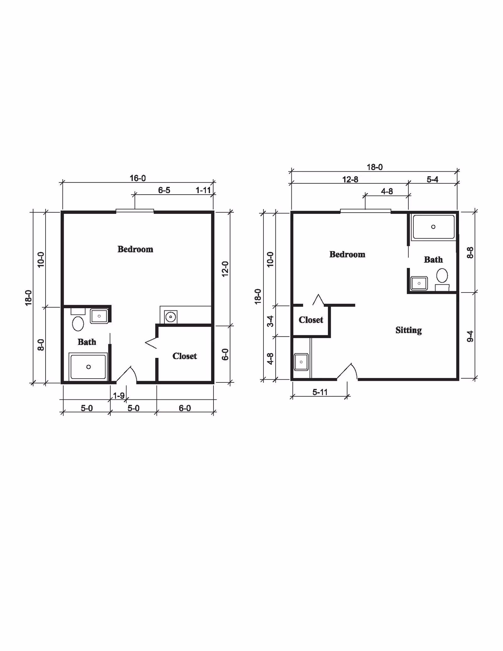 Architectural floor plan showing two different layouts of a senior living facility unit at The Opal on Hermitage. Each layout includes a bedroom, bathroom, and closet. The left layout features a bedroom measuring 16 by 12 feet, a bathroom with a toilet, sink, and bathtub, and a closet. The right layout includes a bedroom, a sitting area, a bathroom with a toilet, sink, and bathtub, and a closet. Dimensions are marked in feet and inches.