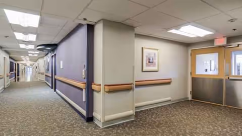 Interior hallway of a senior living facility with beige carpet, purple walls, and handrails.