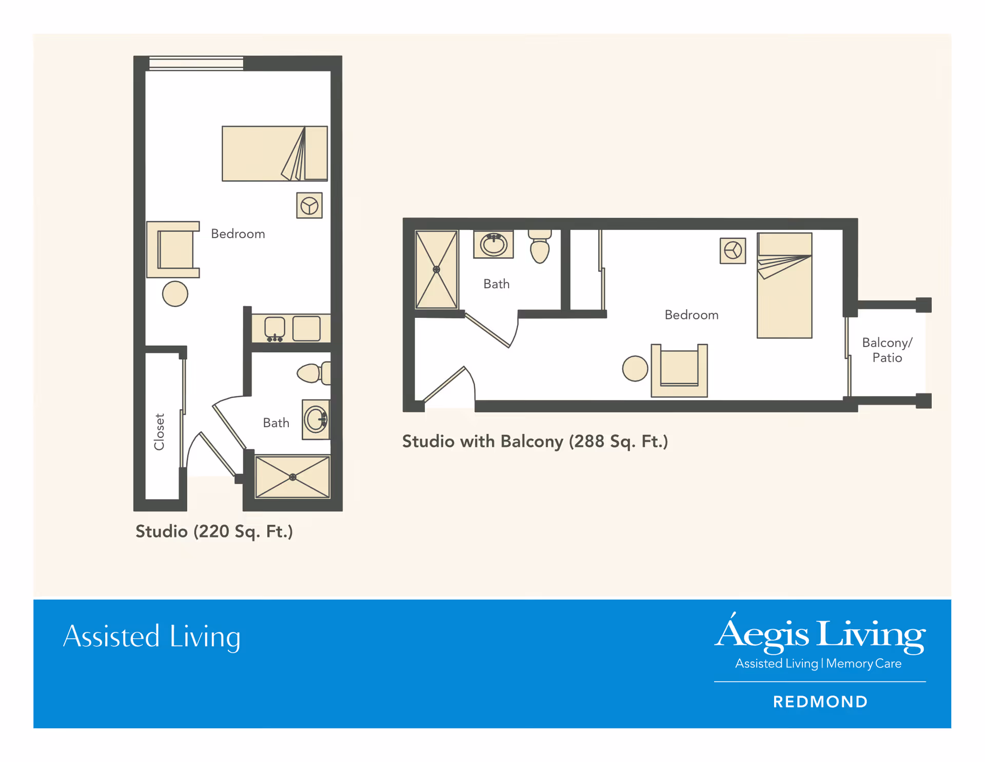 Floor plan layout showing two studio apartments at Aegis Living Redmond. One studio is 220 square feet with a bedroom, closet, bathroom, and kitchenette. The other studio is 288 square feet with a bedroom, bathroom, and a balcony/patio.