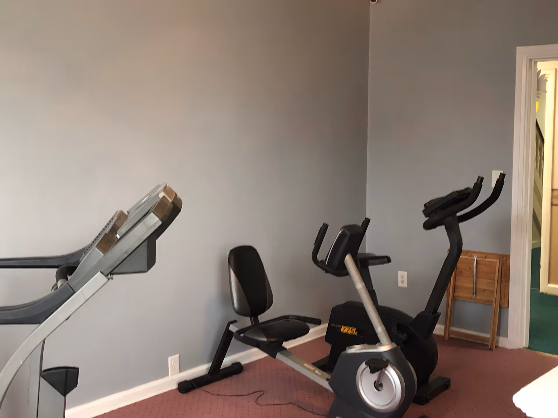 Indoor exercise room with a treadmill and a recumbent stationary bike against a light gray wall and pink carpeted floor. There is a small wooden folding table near the doorway.