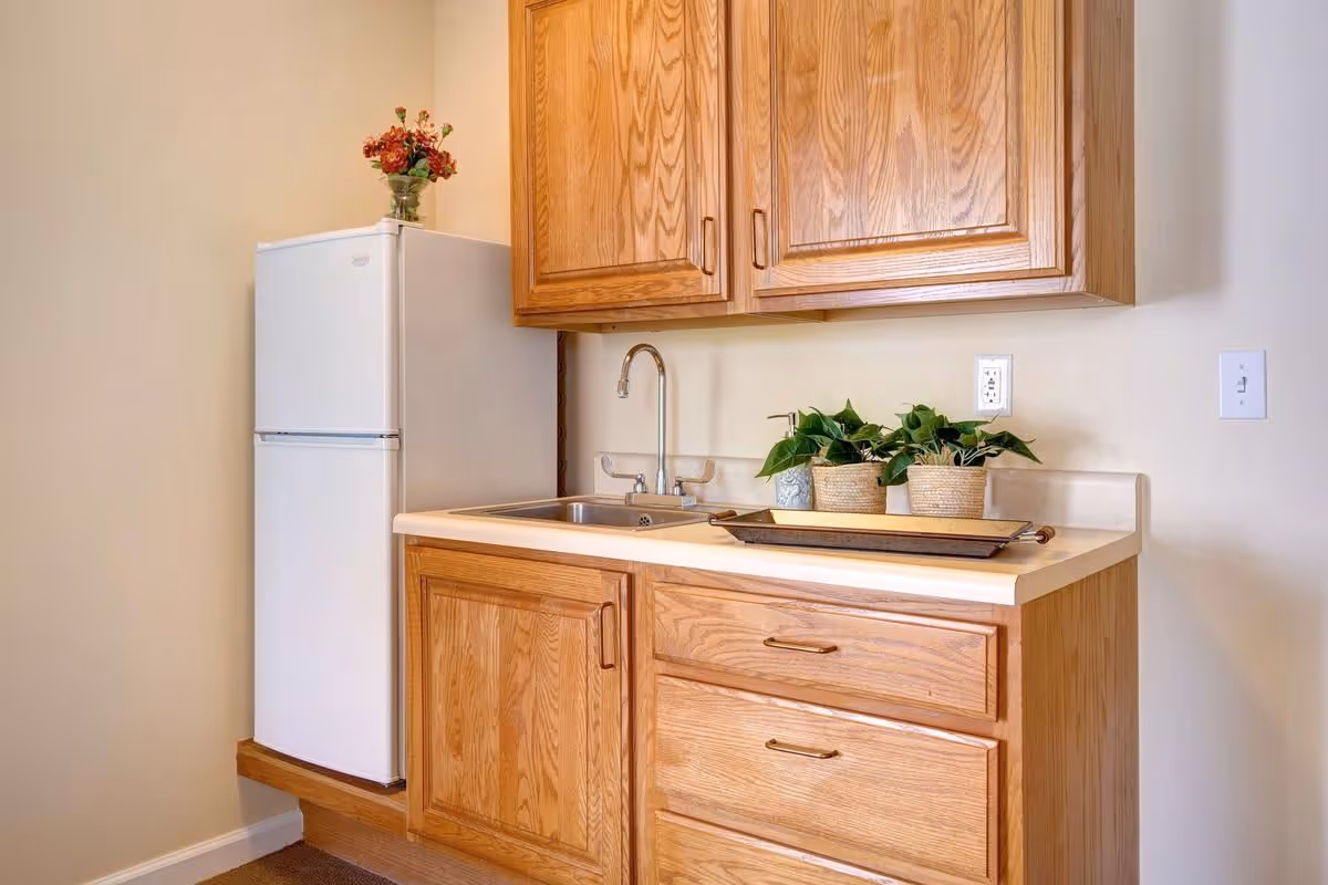 A small kitchen area with wooden cabinets, a white refrigerator, a stainless steel sink with a faucet, and a countertop decorated with three small potted plants and a rectangular tray. A vase with flowers is placed on top of the refrigerator.