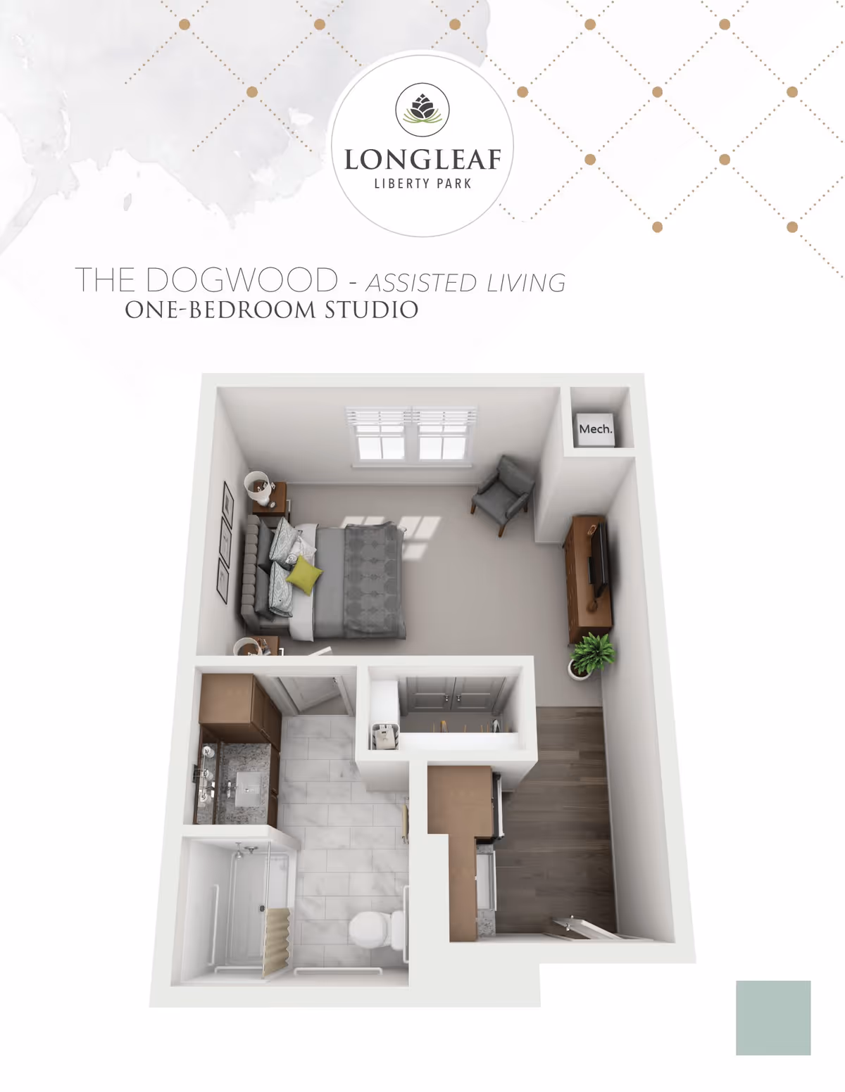 3D floor plan of The Dogwood one-bedroom studio assisted living apartment at Longleaf Liberty Park, showing a bedroom with a bed, nightstands, and chair, a bathroom with a shower and toilet, a kitchen area, and a small closet space.