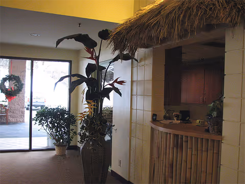Interior view of a senior living facility lobby area with a thatched roof reception desk made of bamboo, potted plants, and a glass door entrance decorated with a wreath.
