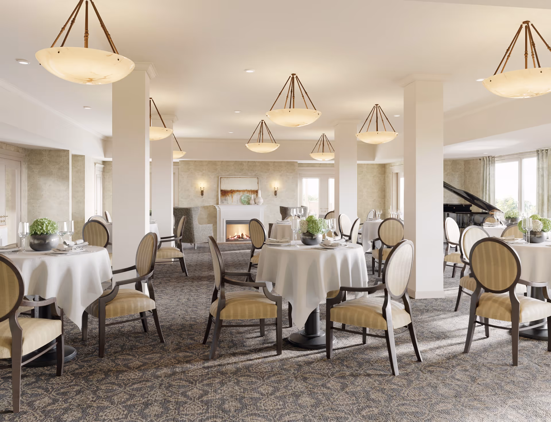 Elegant senior dining room with round tables draped in white linens, upholstered chairs, a fireplace, and a grand piano.