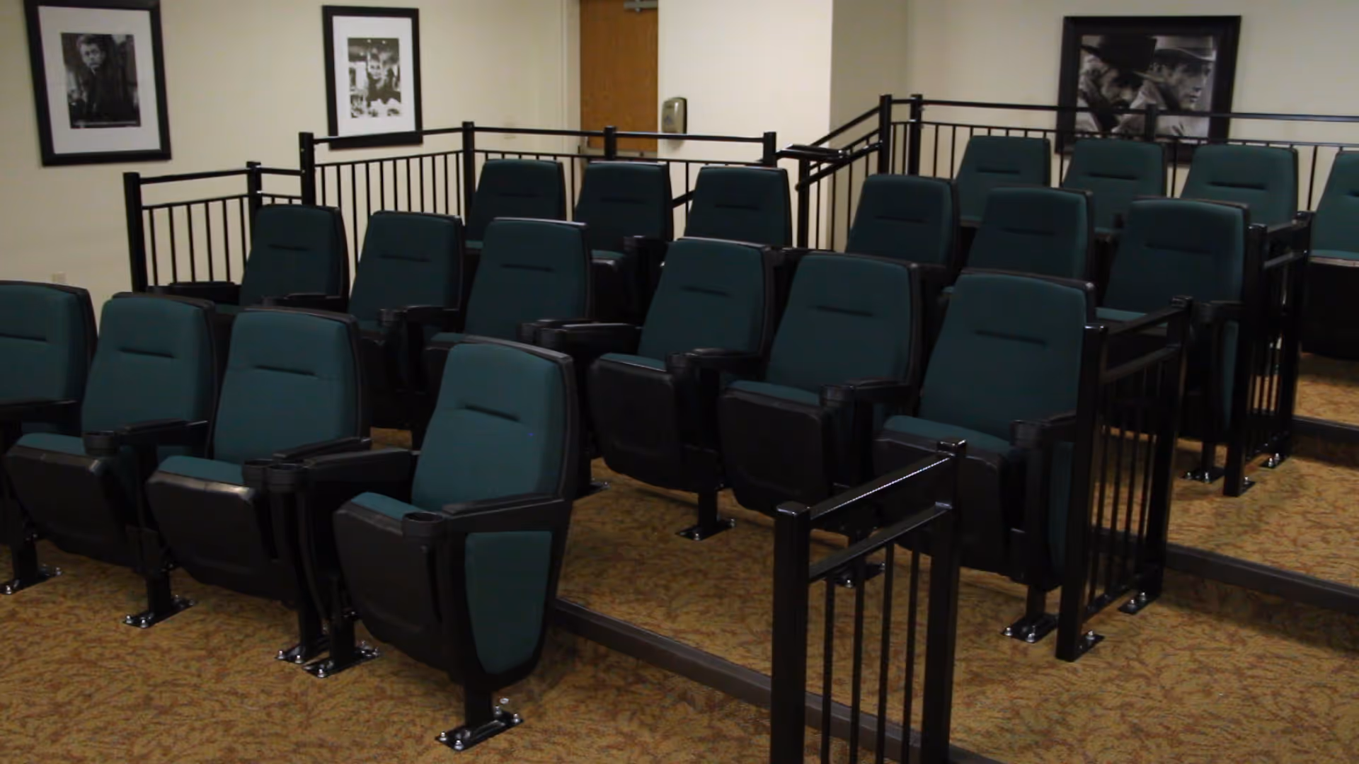 Small theater room with three rows of green cushioned seats with black armrests and cup holders, carpeted floor, black metal railings, and black-and-white framed movie posters on the walls.