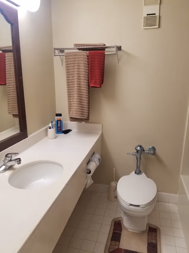 A bathroom with a white sink and countertop, a mirror with a wooden frame, a toilet with a white seat, a toilet brush, and a small rug in front of the toilet. There are two towels hanging on a metal rack above the toilet, one beige and one red. A bottle of body wash and a toothbrush holder with toothbrushes are on the countertop.