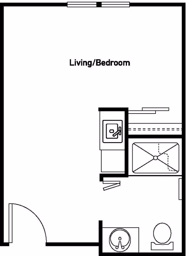 Black-and-white floor plan labeled 'Living/Bedroom' showing a studio layout with a small bathroom, sink, toilet and shower area and a kitchenette sink.