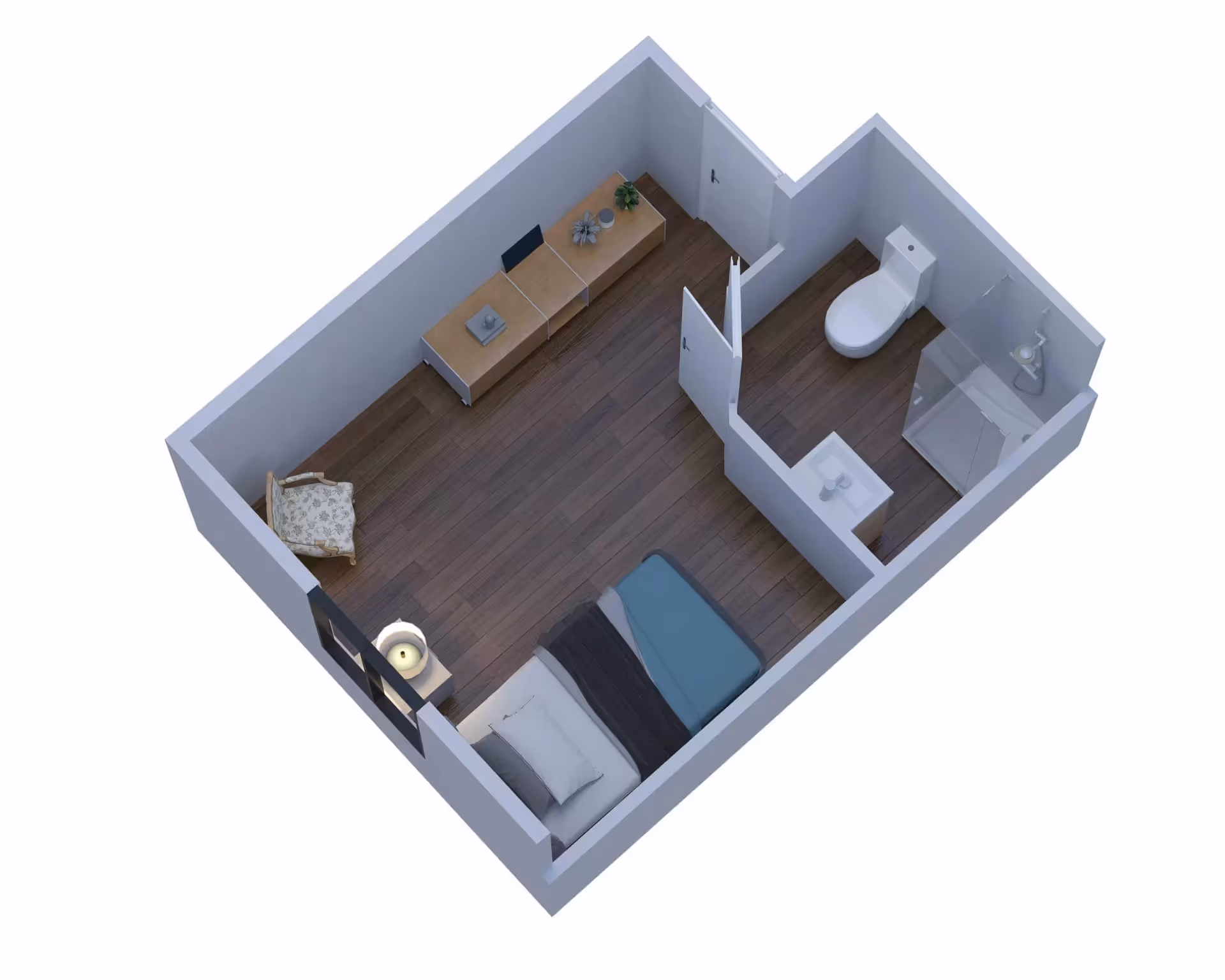 3D floor plan of a small studio apartment featuring a bed with pillows and blankets, a wooden chair with floral upholstery, a TV stand with a television and decorative items, and an attached bathroom with a toilet, sink, and shower.