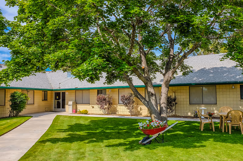 Outdoor courtyard area of Carson Nursing and Rehabilitation Center featuring a large tree with a red wheelbarrow filled with flowers at its base, surrounded by green grass, a concrete walkway, beige building walls with windows, and plastic chairs and a table on the right side.
